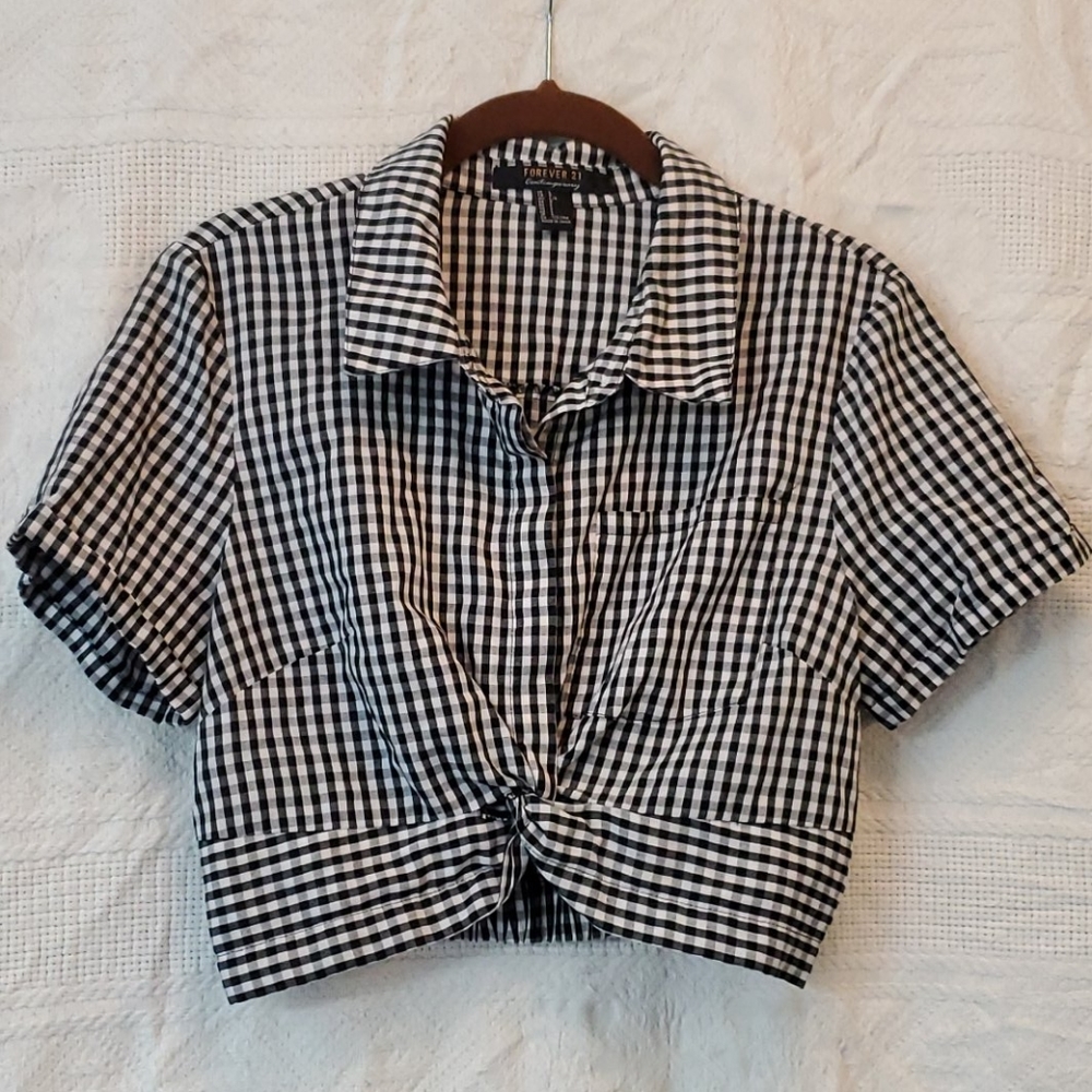 Gingham Forver 21 Cropped Blouse Sz Large